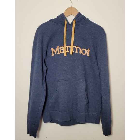 Marmot Mens Drawstring Hoodie Kangaroo Pocket Blue Tan Size Medium - Picture 2 of 12